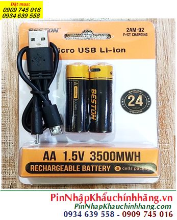 Beston 2AM-92 _Pin sạc 1.5v thân có cổng sạc micro USB Li-ion Beston 2AM-92 AA3500mWh (=2200mAh), Vỉ 2viên